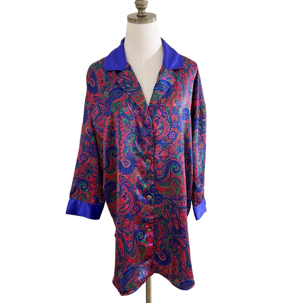 Vtg 90s Victoria’s Secret Multicolor Jewel Tone Paisley Silky Sleep Shirt Sz M/L